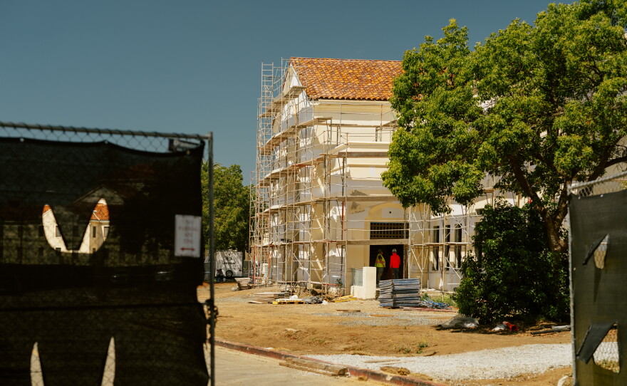 Construction workers on site at the West LA Veterans Affairs Campus in California in April.