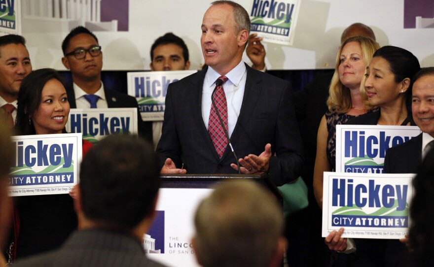 San Diego city attorney candidate Robert Hickey addresses the crowd at the U.S. Grant, June 7, 2016. Hickey is advancing to a November runoff against Mara Elliott.