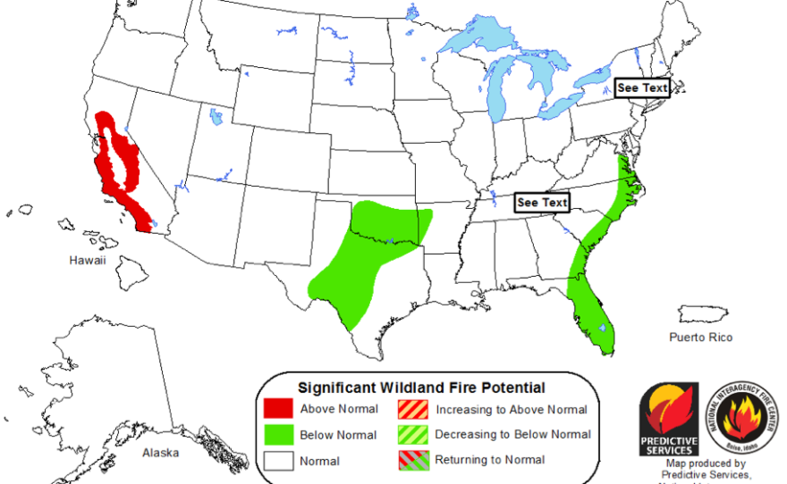 This map shows areas across the U.S. that are most at risk for wildfire during the month of October 2014. San Diego, shown in red, is in the highest risk area.