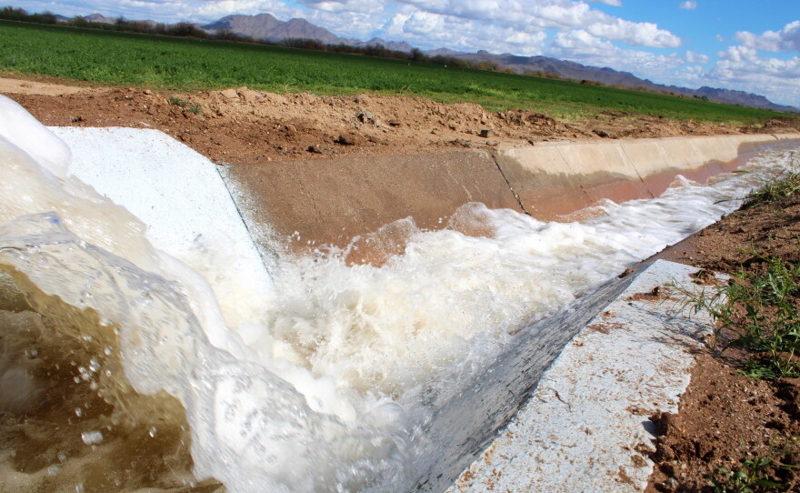 Water flows into an irrigation canal for alfalfa fields on the Gila River Indian Community reservation in Arizona on Feb. 17, 2026.