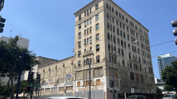 The exterior of the rundown California Theatre building in downtown San Diego is seen from street level, Aug. 22, 2025.