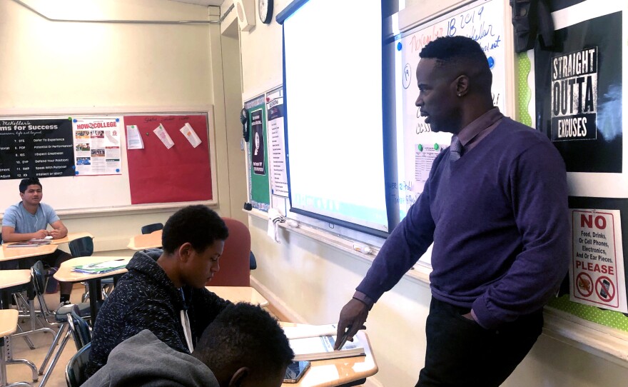 Veteran teacher Darryl McKellar mentors aspiring male teachers of color at CSU Dominguez Hills through the Future Minority Male Teachers of California program in this photo taken Nov. 18, 2019.
