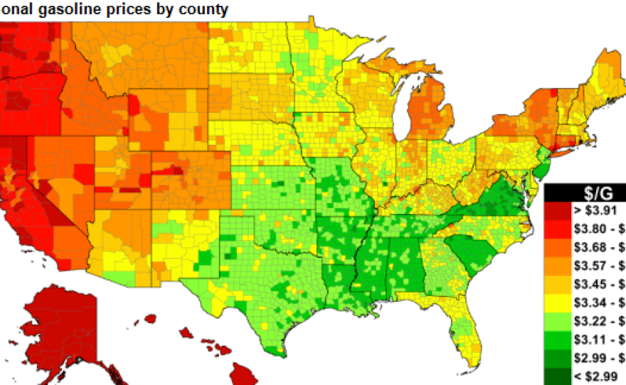 A graphic produced by Gasbuddy.com shows regional variation of gas prices.