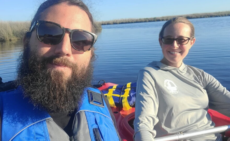 Anthony Leone and his wife, Corinne Saunders, kayak in Kitty Hawk Bay, in North Carolina's Outer Banks.