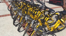 A row of dockless bicycles are parked at San Diego State University, April 10, 2018.