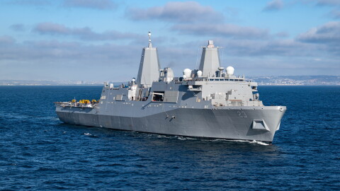 Amphibious transport dock ship USS Anchorage (LPD 23) steams in the Pacific Ocean, July 23, 2025.