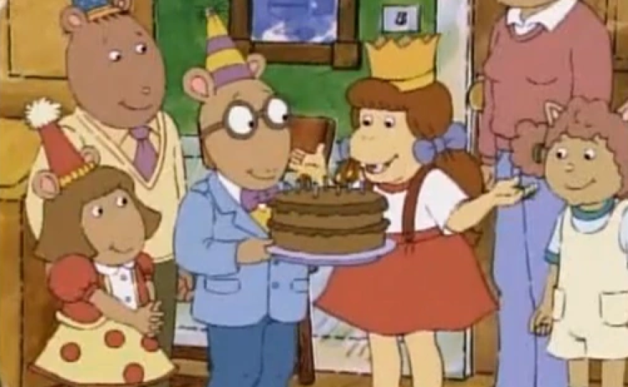 (From left) Dora Winifred "D.W." Read, Allen "The Brain" Powers, Arthur Read, Muffy Crosswire, Jane Read, and Sue Ellen Armstrong celebrating Arthur and Muffy's birthdays from "Happy Birthday Arthur" in 1996.