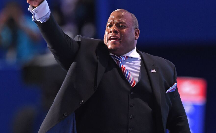 Pastor Mark Burns speaking at the 2016 Republican National Convention in Cleveland. Burns, who's now running for Congress, recently spoke at a major gathering of anti-vaccine activists.