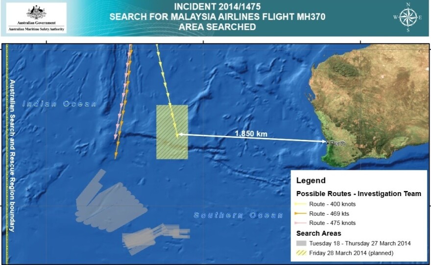 The new search area for Malaysia Airlines Flight 370 is about 1,100 miles west of Perth, Australia. Previous search areas are shaded gray and were about 700 miles to the southwest.