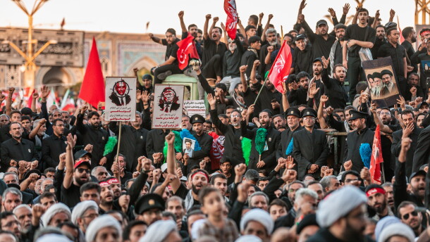 In this photo released by Iran's Supreme Leader's office, mourners chant and raise their fists during the final funeral ceremony for the late Iranian Supreme Leader Ayatollah Ali Khamenei at the Imam Reza Shrine before his burial in Mashhad, northeastern Iran, Thursday, July 9, 2026.