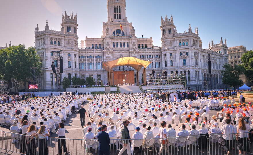 Pope Leo XIV presides over a Mass marking the Catholic feast of Corpus Christi at Plaza de Cibeles in Madrid, Spain, Sunday, June 7, 2026, on the second day of his seven-day apostolic visit to mainland Spain and the Canary Islands.