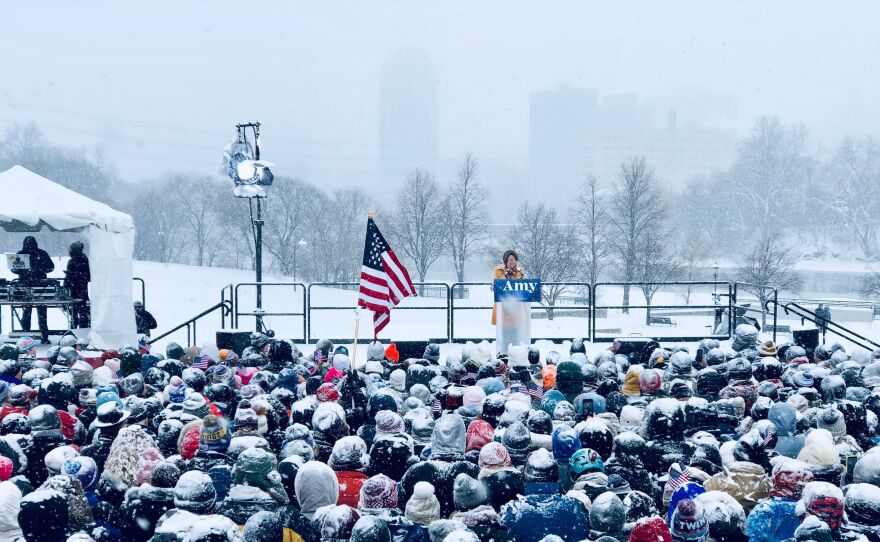 Sen. Amy Klobuchar , D-Minn., announces her candidacy for president during a snow fall on Feb. 10, 2019 in Minneapolis, Minnesota.