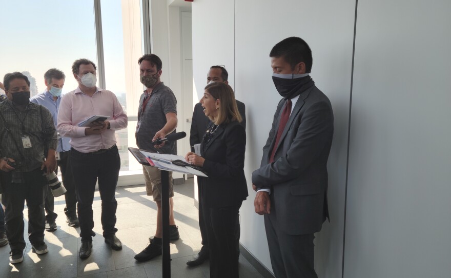 San Diego County District Attorney Summer Stephan speaks to the media after the sentencing of John Earnest, Sept. 30, 2021.