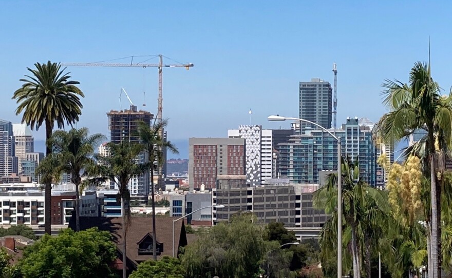 A sunny sky shines over downtown San Diego on July 25, 2020.
