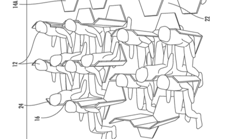 To take better advantage of space on an airplane, this patent arranges passengers in a hexagonal pattern.