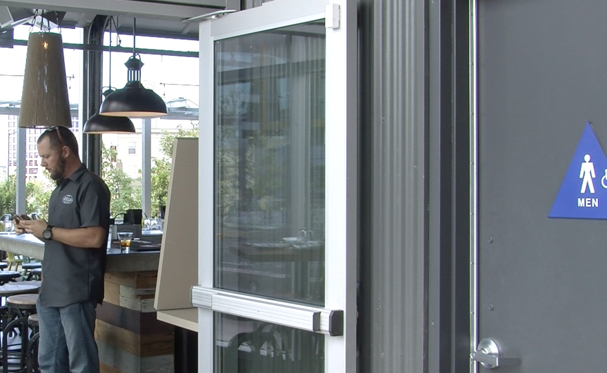 A public restroom is part of Fault Line Park in San Diego's East Village and is connected to the restaurant Stella Public House, July 22, 215.