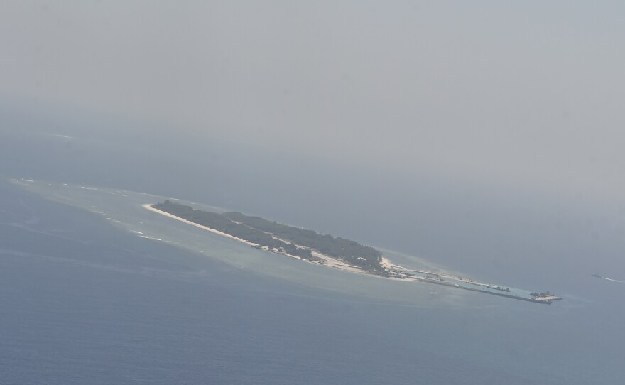 An aerial image shows  Taiping island, in the Spratlys chain in the South China Sea, on March 23.