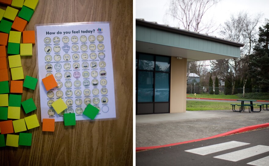 (Left) The items Stanley Roberts, a school counselor in Salem, keeps on a small table in the corner of his office, where students come to sit and talk with him. (Right) Roberts High School is the alternative school in the Salem-Keizer school district in Oregon, where Mishka found mentor Roberts. Through Roberts' guidance, Mishka learned anger management and was able to graduate on time.