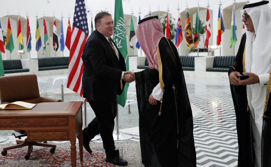 Secretary of State Mike Pompeo shakes hands with Saudi Foreign Minister Adel al-Jubeir in Riyadh, Saudi Arabia, on Tuesady.