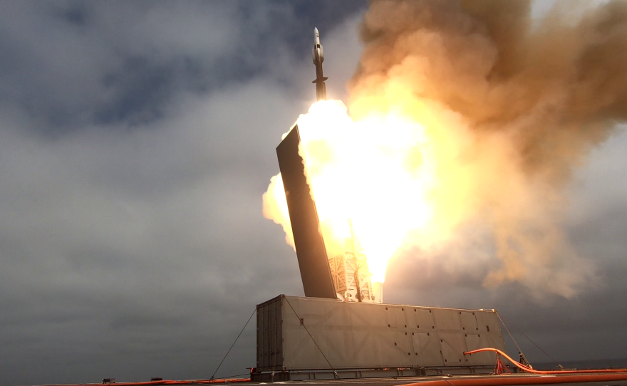 A missile is launched from the USS Savannah Tuesday, Oct. 24, 2023.