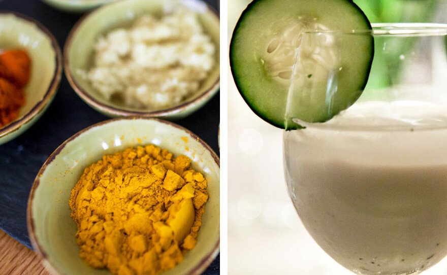 (Top) Chicken korma, or murgh qorma, an onion and tomato-based chicken braise, is traditionally eaten during Ramadan in Afghanistan. (Left) A collection of spices used to make <em>murgh qorma. (</em>Right) Guests were served <em>doogh</em>, a traditional Afghan mint yogurt drink.
