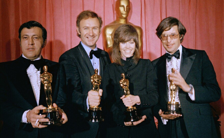 William Friedkin, right, poses with his Oscar for Best Director for <em>The French Connection</em> at the Academy Awards in 1971 with, from left, Philip D'Antoni, producer of the <em>The French Connection</em>, which was also named Best Picture, Gene Hackman, Best Actor for his role in <em>The French Connection</em>, and Jane Fonda, Best Actress for <em>Klute</em>. (AP Photo)