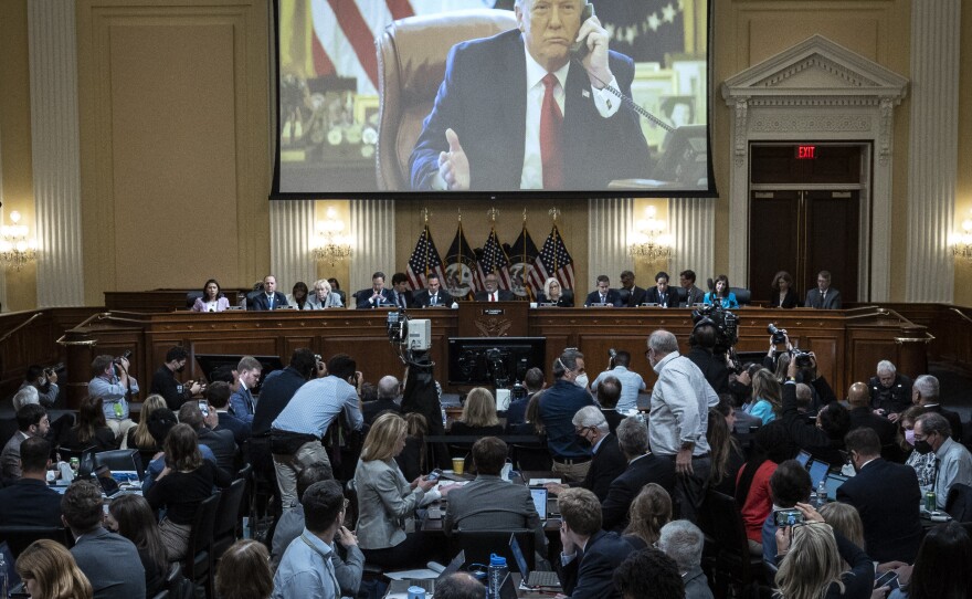 An image of former President Trump is displayed during the third hearing of the House Jan. 6 committee Thursday.