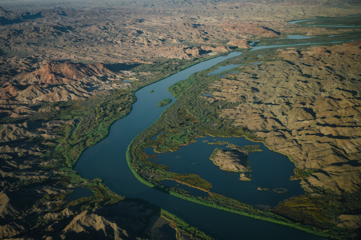 The mighty Colorado River traces the California-Arizona border through the proposed Kw'tsán National Monument during a flyover hosted by the Fort Yuma Quechan Tribe and Ecoflight, a conservation organization, on Oct. 16, 2024.