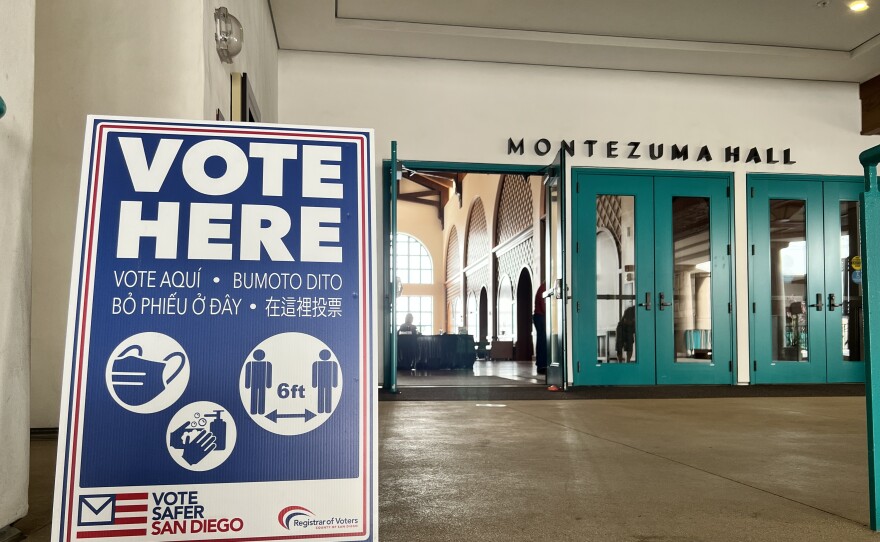 Montezuma Hall on the San Diego State University Campus serves as a voting center during the 2022 California primary election.