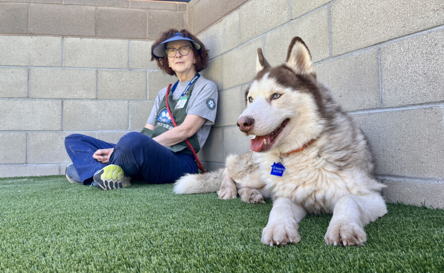 A volunteer sits with a