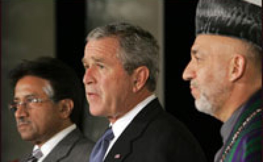 Musharraf meets with U.S. President George Bush and Afghan President Hamid Karzai at the White House in September 2006.