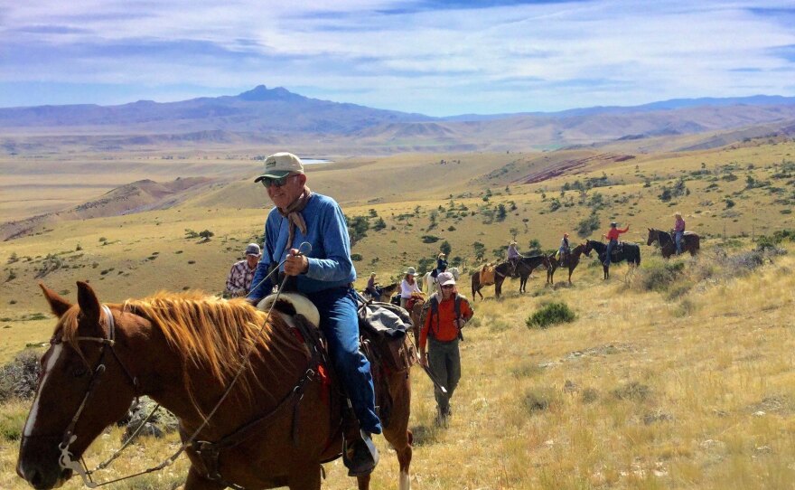 A group on horseback make their way to Bald Ridge in the Shoshone National Forest outside of Cody, Wyo. The national forest spans 2.4 million acres to the east of Yellowstone National Park.