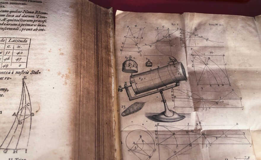 Astronomical text books in Latin are displayed at the Vatican Observatory.