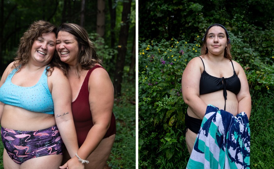 Macie Cherry and Molly Brubaker (left) and Kiana Mooney (right) pose for photos at Camp Roundup. Cherry and Brubaker are a couple and were both counselors at Camp Roundup.