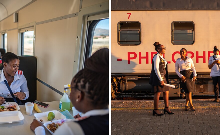 Left: Medical staff eat lunch in the dining carriage of the Phelophepa. Right: Nursing students pose for pictures at the end of their first day of work onboard the Phelophepa in Thaba Nchu, South Africa. Final-year students can spend two weeks on the train supporting the Phelophepa's medical team, gaining invaluable on-the-job experience before completing their studies.