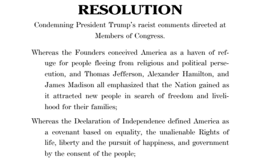 Text of a House resolution condemning remarks by President Trump about four members of Congress.