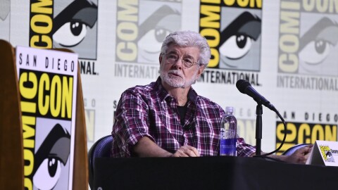 George Lucas attends a panel for the Lucas Museum of Narrative Art during Comic-Con International on Sun. July 27, 2025 in San Diego.