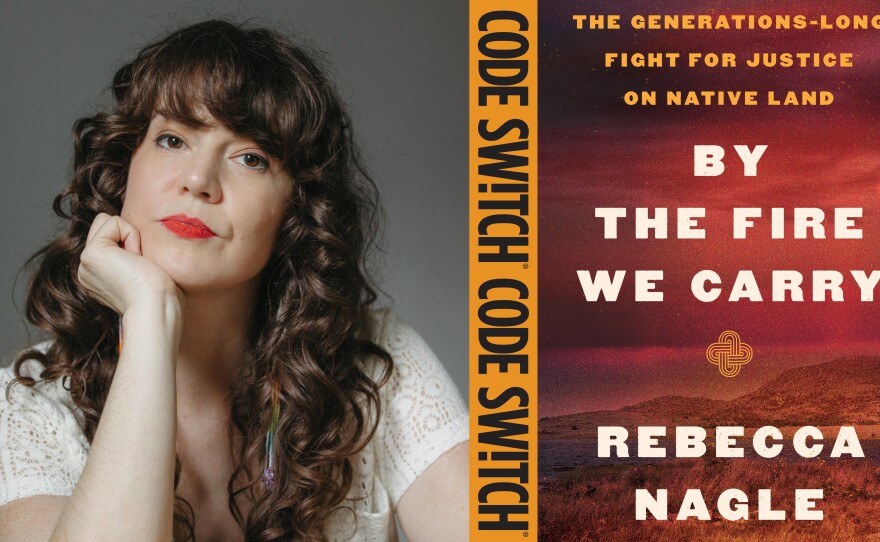 Journalist Rebecca Nagle poses next to her new book, By the Fire We Carry: The Generations-Long Fight for Justice on Native Land