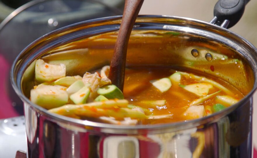 Host Su-Mei Yu prepares a delicious soup (pictured) with Marta Rodriguez and Kristine Orosco. Rodriguez is from the San Jose de la Zorra Kumeyaay community. Orosco is a Native Kumeyaay from the San Pasqual Band of Indians.