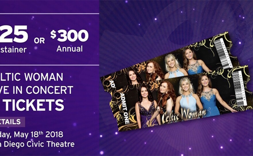 Give $25/month or $300 now and get tickets to see Celtic Woman perform live at the San Diego Civic Theatre on Friday, May 18, 2018. Also enjoy access to KPBS Passport and myKPBS Film Club. The program DVD only is at the $120 level, or get a DVD/CD combo only at $240.