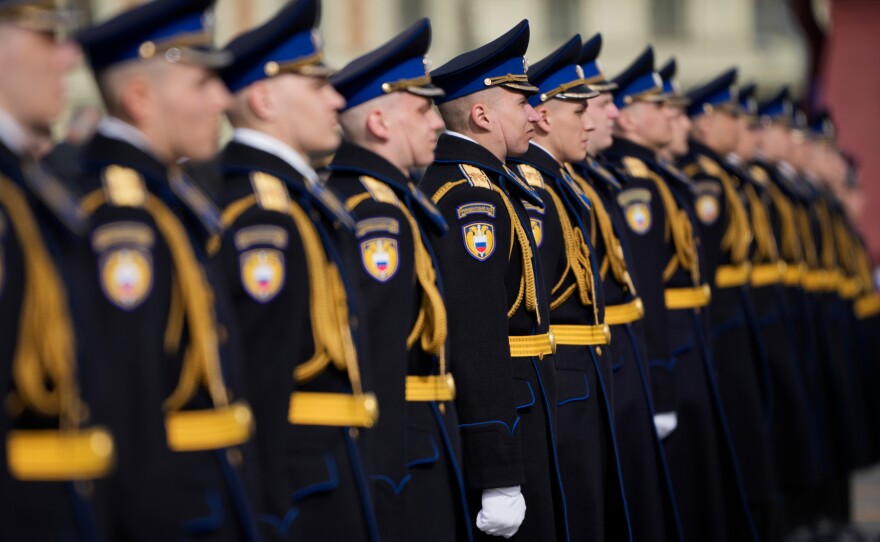 Russian servicemen stand in a formation before the Victory Day military parade in Moscow, Saturday, May 9, 2026, during celebrations of the 81st anniversary of the Soviet Union's victory over Nazi Germany during the World War II.