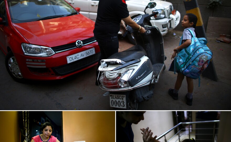 Mohid Wadhwa takes his daughter Gaurika, 7, to school on the family's motor scooter, which they use on the days they cannot drive their car because of the odd/even car rationing program. (Bottom left) Muskan Wadhwa brushes Gaurika's hair before school. (Bottom right) Aradhya, 3, says goodbye to her mother as her father prepares to put her in a taxi to preschool.