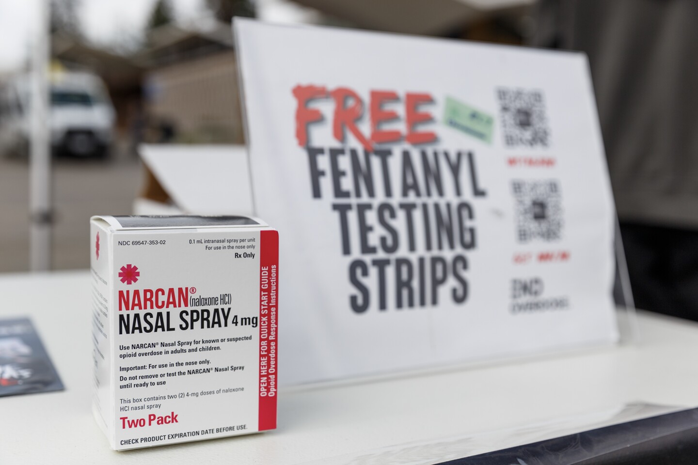 A box of Narcan nasal spray at UC Berkeley student organization End Overdose’s table at Sproul Plaza on Jan. 23, 2024. The organization passes out free fentanyl test strips to students and gives other organizations training on Narcan usage.