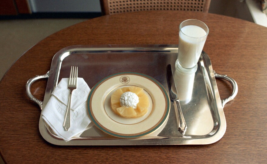 On the day that he announced his resignation, Richard Nixon ate this meal of cottage cheese and pineapple slices.