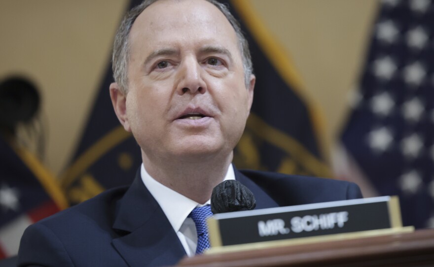 Rep. Adam Schiff delivers remarks during a hearing by the House select committee to investigate the Jan. 6 Capitol attack on Tuesday in Washington.