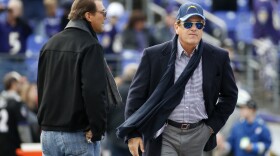 San Diego Chargers Chairman of the Board and President Dean Spanos, right, walks off the field after chatting with Baltimore Ravens owner Steve Bisciotti before an NFL football game between the Ravens and the Chargers, Nov. 30, 2014, in Baltimore. 