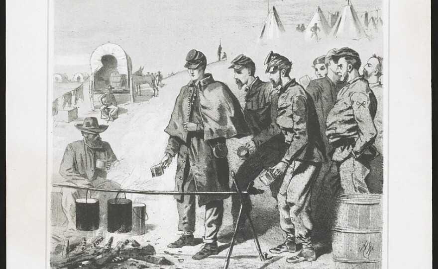 A print shows Army of the Potomac soldiers waiting for coffee at a campfire in an encampment during the Civil War.