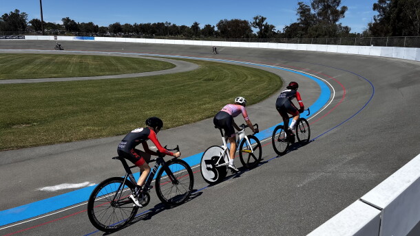 Cyclists race at the San Diego Velodrome, April 4, 2026.