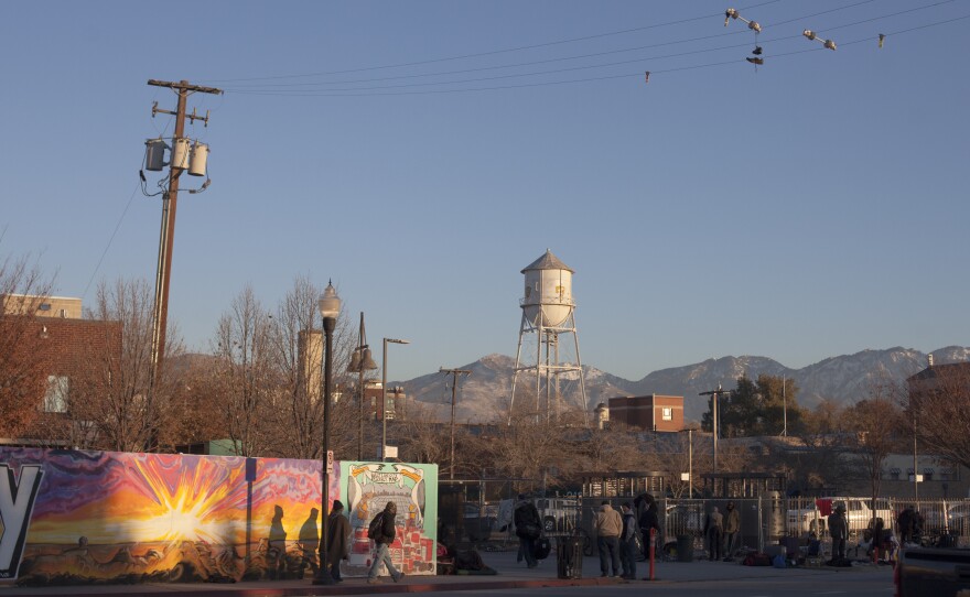 The Road Home is a private nonprofit social services agency that assists homeless individuals and families, in downtown Salt Lake City, Utah. Here, a view from outside.