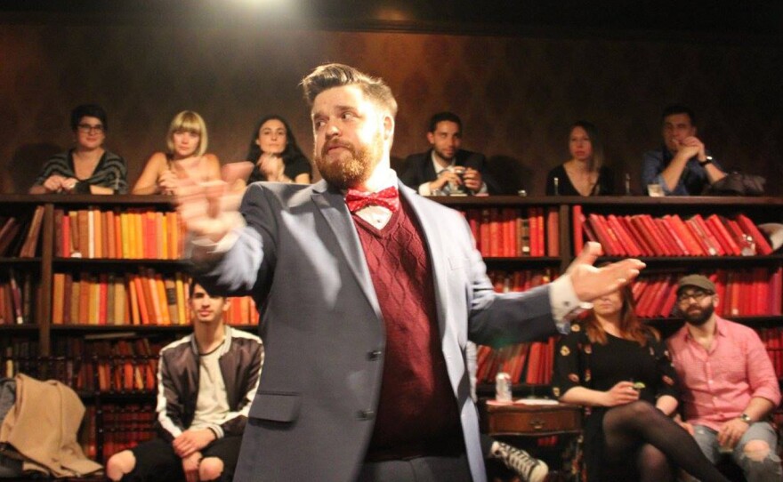 Actor Mike Sause performs in <em>Drunk Shakespeare</em>, a show that combines improv with classical theater. Director David Hudson says the show is built around the premise that its quasi-fictional company of actors, known as the Drunk Shakespeare Society, are "a group of professional drinkers with a Shakespeare problem."